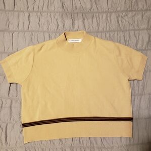 Karen Lessly Women Vintage BeigeShort Sleeve Sweater W/ BrownStripe Detail PL